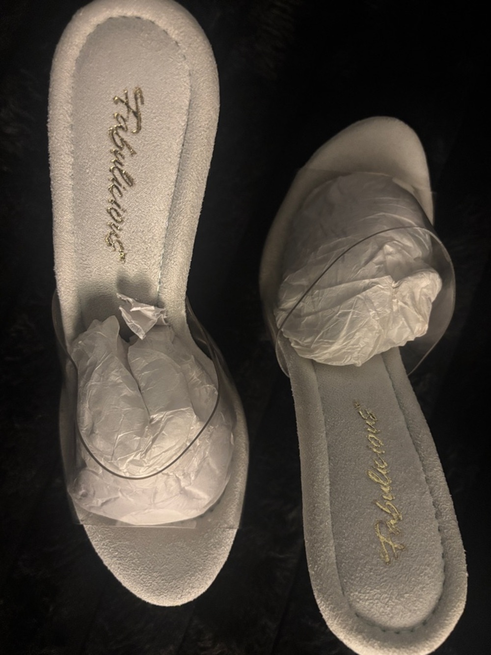 Fabulicious Clear-Strap Heels with Light Gray Suede Footbed